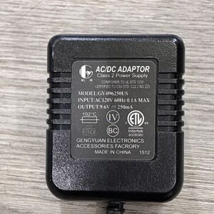 Intertek AC/DC ADAPTOR Class 2 Power Supply 120V 60HZ - 9.6V 250mA | GY-096250US